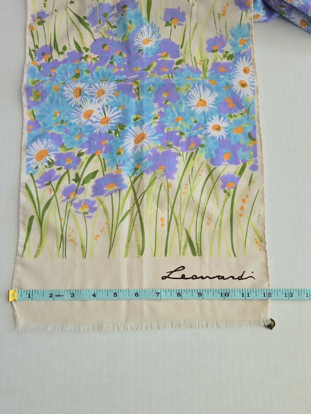 Leonardi Vintage Italian Floral Scarf in Cream with Blue & Green Bouquet Daisies